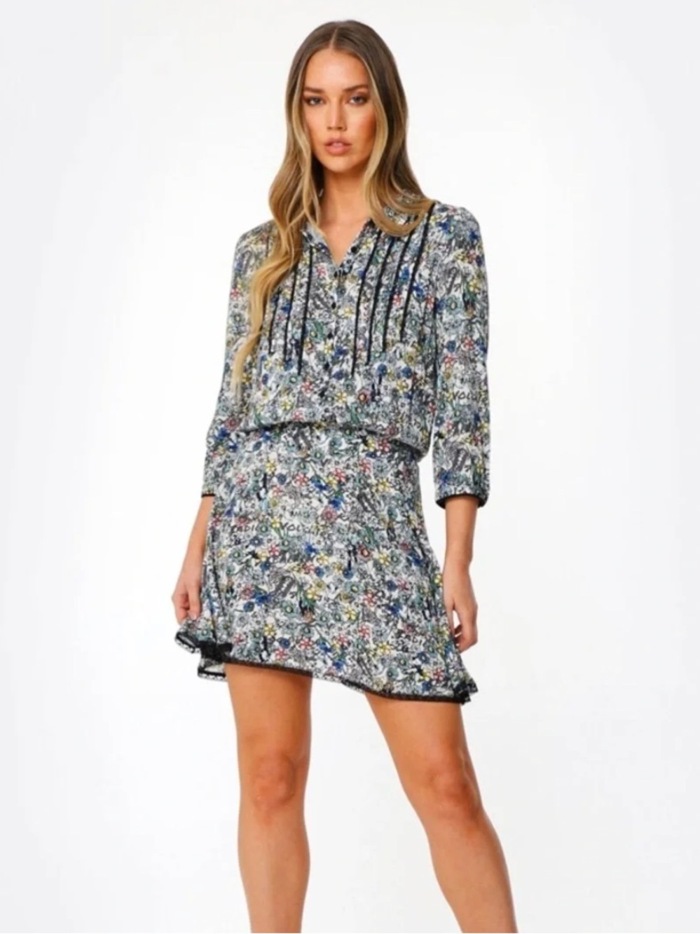 Zadig & Voltaire Floral Lace Trim Pintuck Mini Dress Size XS